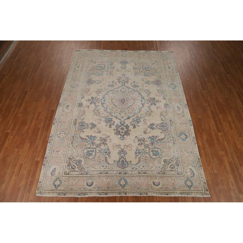 Tabriz Persian Area Rug Beige Oriental Hand-Knotted Wool Carpet - 7'11"x 11'0"
