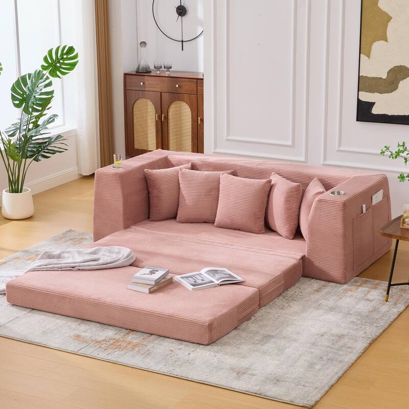 2 in 1 Convertible Sofa Bed, Sleeper Sofa with Storage Pockets, Pull Out Loveseat Couch with Two Cup Holders