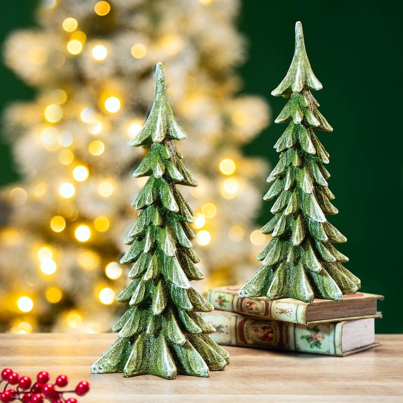 Glitzhome 14.75"H Resin Christmas Table Tree Holiday Decor - 2PK Green