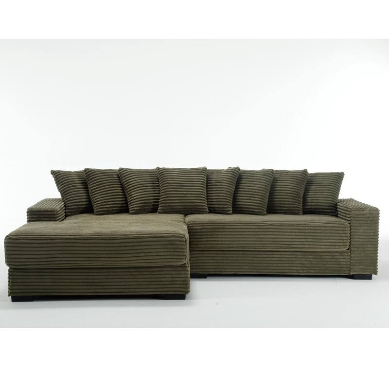 111" Corduroy L-Shape Sectional Sofa with Left Chaise, 8 Throw Pillows and Square Armrests