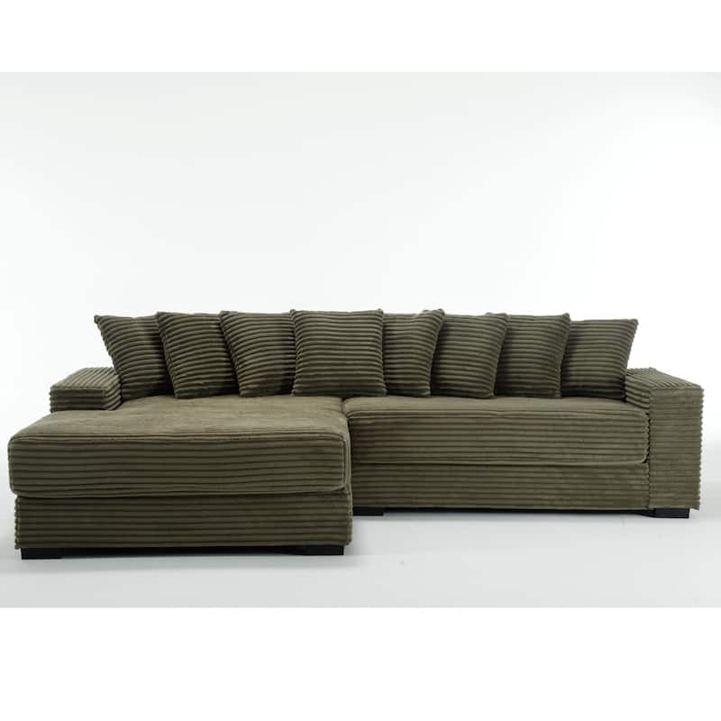 Oversized Green Corduroy L Shaped Two-Piece Sofa with Armrests and Eight Throw Pillows