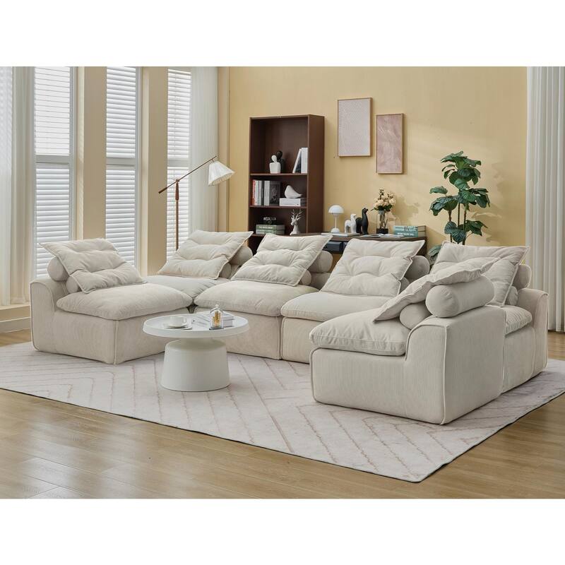 132" Modular Corduroy Sectional Sofa with 12 Pillows & Armless Design - Beige