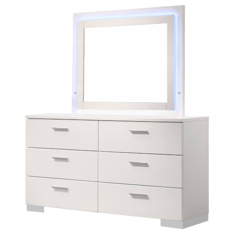 Sok Wide Dresser with LED Mirror, 6 Drawers, White High Gloss Finish