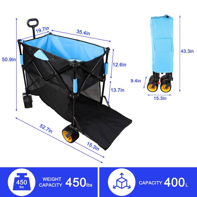 Extra-Long Large Capacity Folding Wagon Cart - Extended Garden & Beach Hauler, Black & Blue