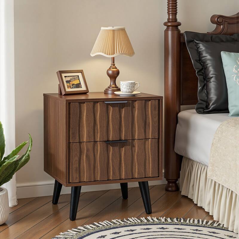 Mid-Century Modern Nightstand, Fluted End Table Drawer & Open Storage