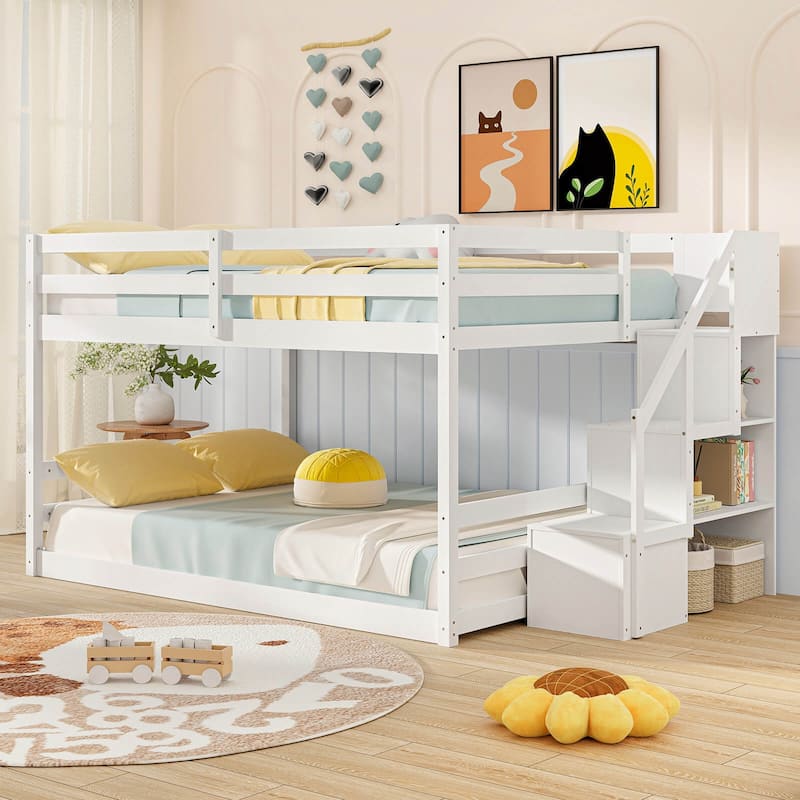 Costway Full Over Full Low Bunk Bed with Storage Stairs with