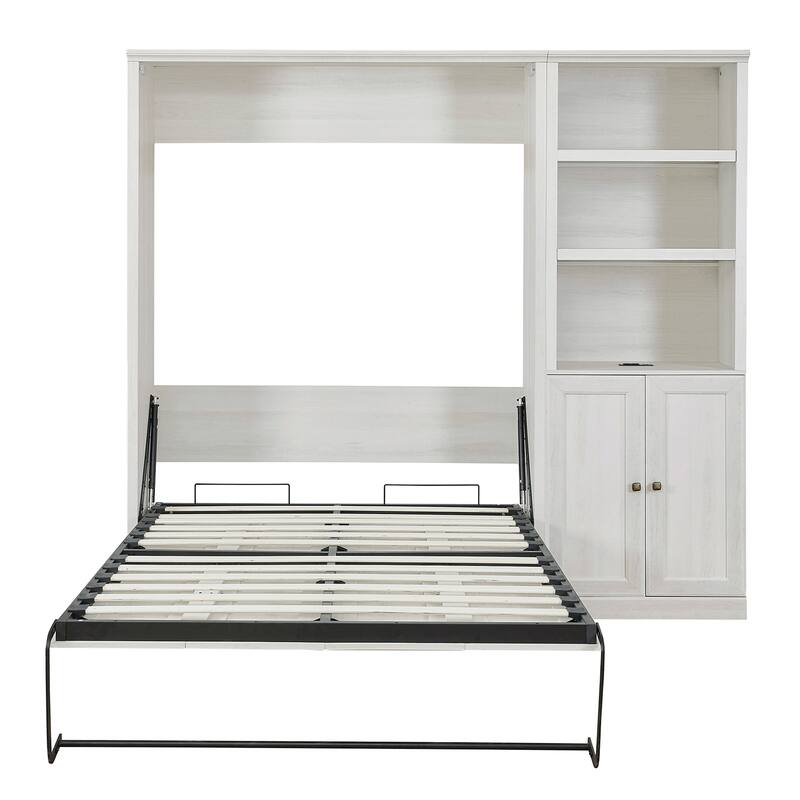 Half Self-Close and Open Murphy Bed with 2 Side Cabinet Storage Shelf