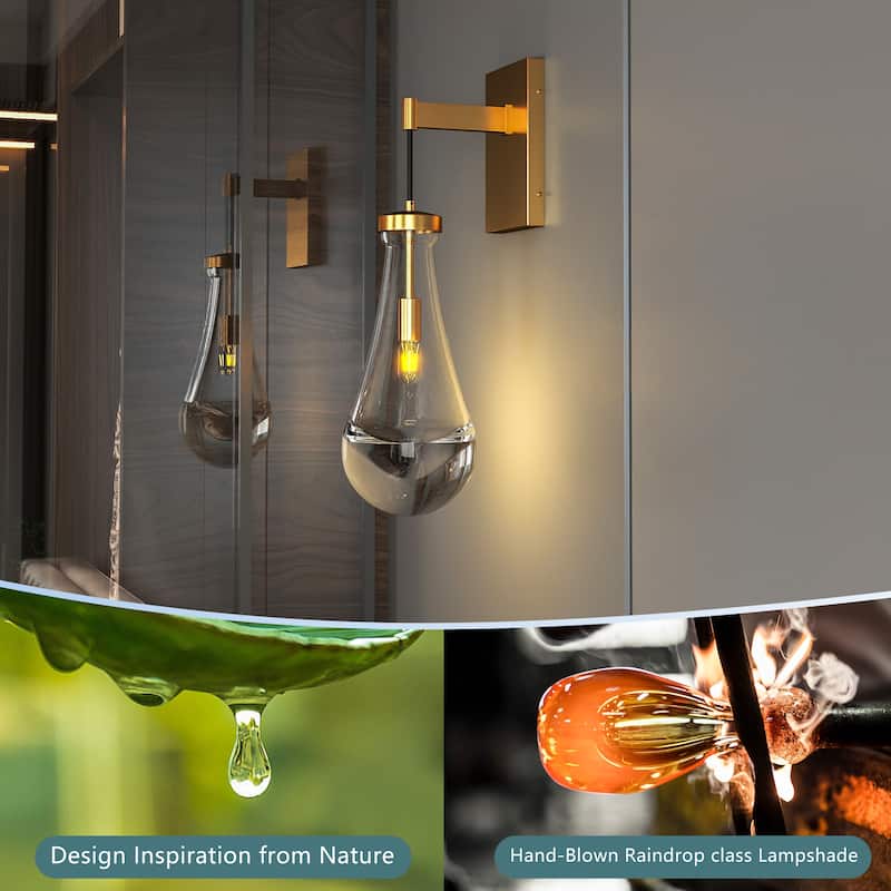 Brass Wall Sconce, Modern Raindrop Glass Shade, Dimmable LED E12 Bulb, Fits Bathroom, Vanity, Living Room, 1 Pack