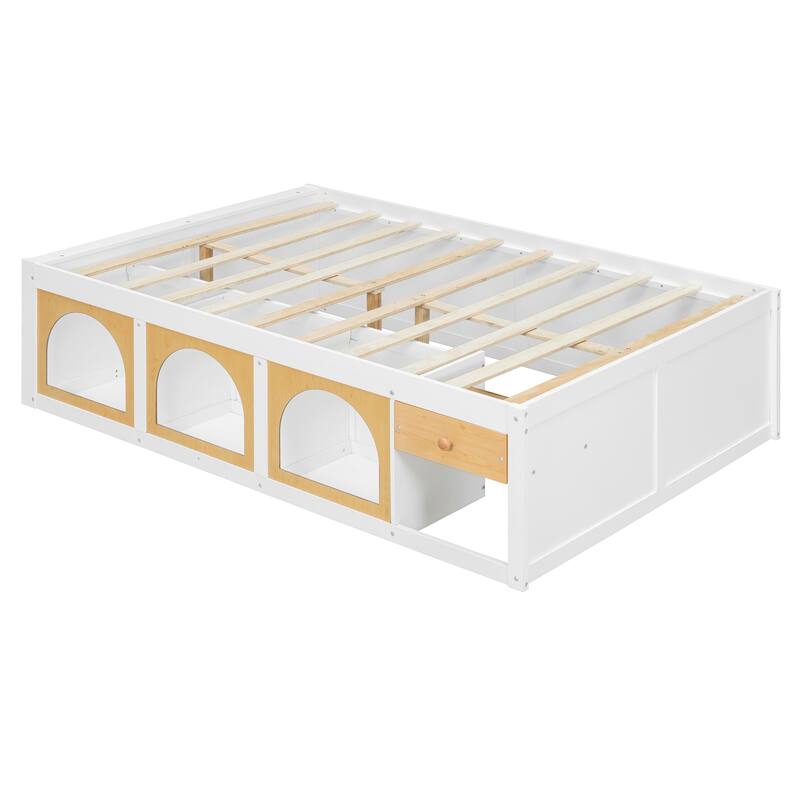 Wooden Platform Bed with Footboard Bookshelf, LED Display Cabinet and Drawer Storage by Harper&Bright Designs