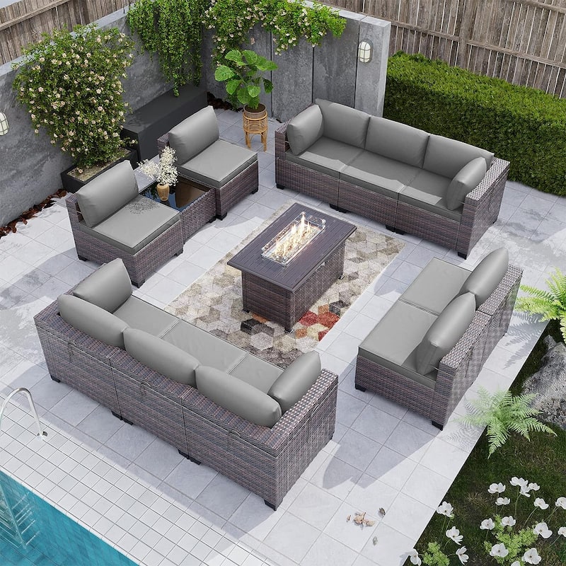 Kullavik 12 Piece Outdoor Patio Furniture Set with Fire Pit Table - Grey