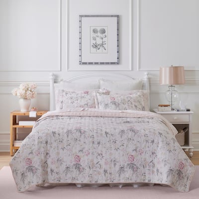 Laura Ashley Breezy Floral Cotton Reversible Pink/Grey Quilt Set