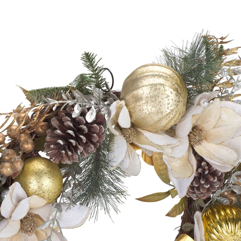 SAFAVIEH Home Faux 28-inch Needle Pine Wreath With White Poinsettias & Gold Accents