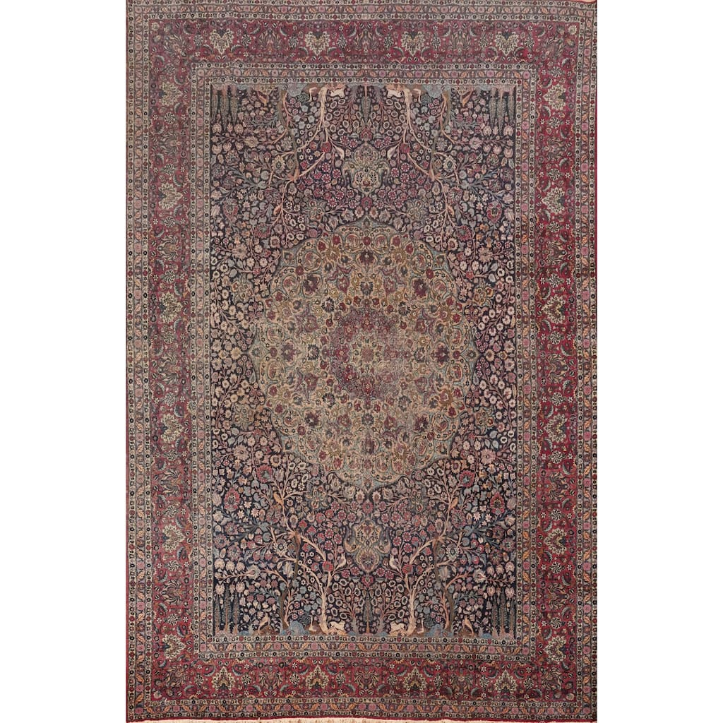 Hand Knotted Oriental 100% Wool Carpet Traditional Floral Navy Blue & Blues Kerman Area Rug - 16' 3'' X 11' 10''