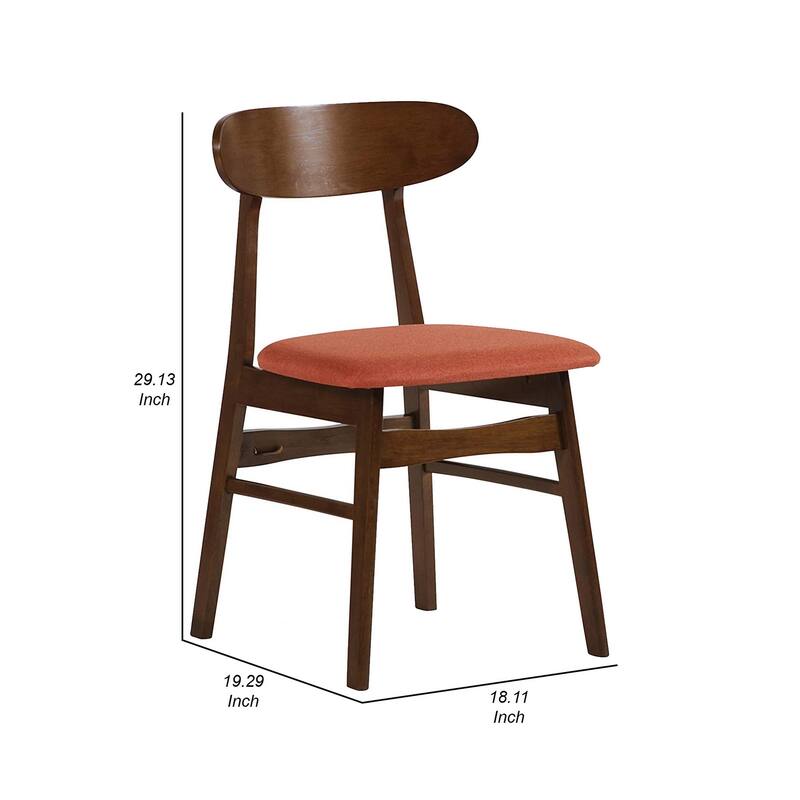 Bev 20 Inch Set of 2 Dining Chairs, Orange Cushions, Dark Brown Rubberwood