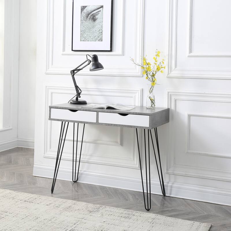 36" Modern Grey Wooden Metal Writing Desk with 2-Drawer