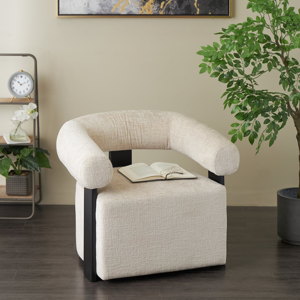 Beige Polyester Living Room Accent Chair with Black Wood Support