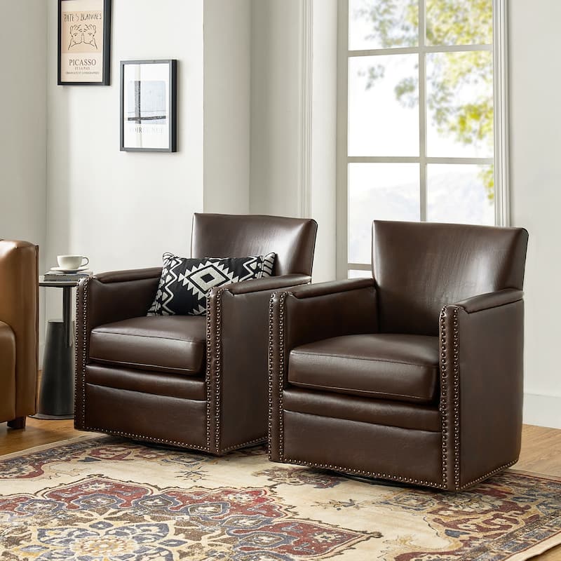 Pascual Classic Genuine Leather Swivel Chair With Nailhead Trim Arm Set of 2 by HULALA HOME - Chocolate