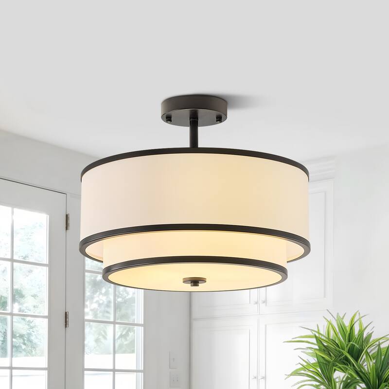 Starsky Modern 3-light Fabric Drum Semi Flush Mount - Double Shade - Black