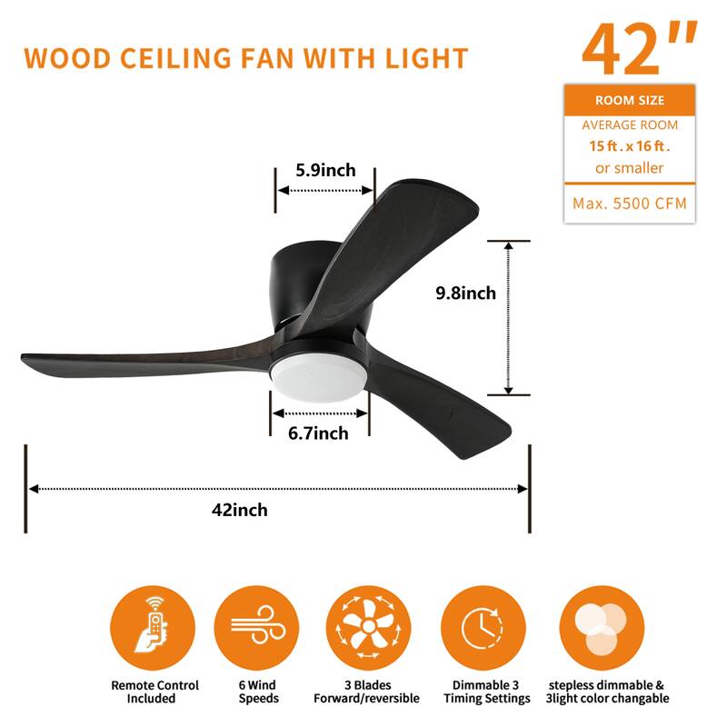 42" Solid Wood Ceiling Fan with Light-Flush Mount, Dc Motor (black Walnut)