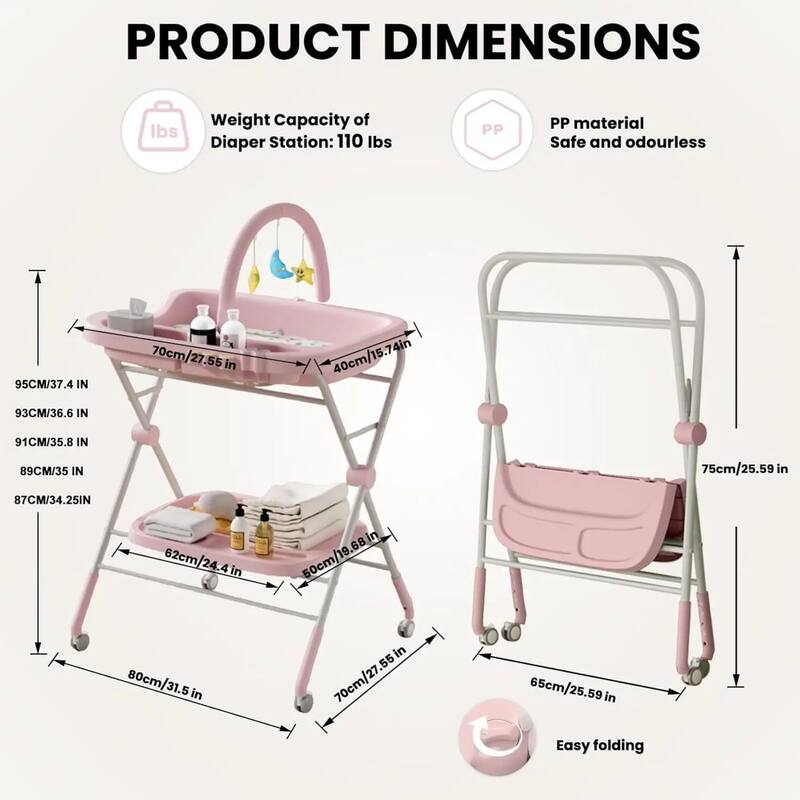 Adjustable Height Portable Folding Baby Diaper Changing Station with Wheels and Steel Pipe Frame