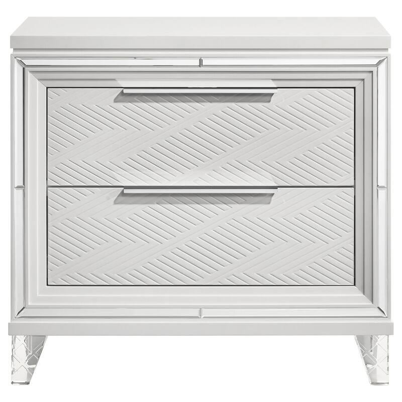 White 2-Drawer Nightstand with Mirror Trim, Herringbone Graphic Panels, Cord Access and Chrome Hardware