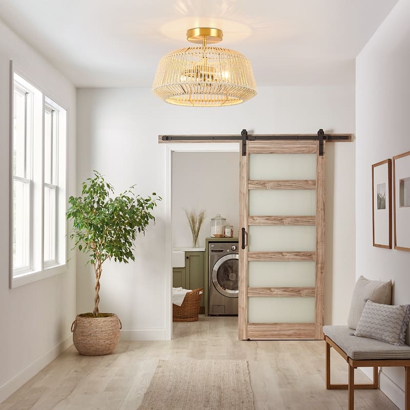 2-Light Rattan Semi-Flush Mount Ceiling Light - 14 in W