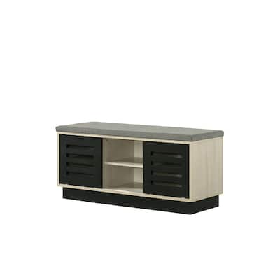 Moxie Shoe Cabinet, Black Sliding Doors, Fabric Top, Oak Wood 39 Inch