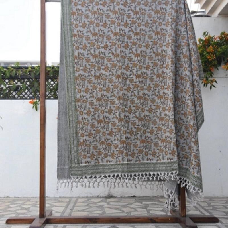 Fabdivine Naayab Handwoven Cotton Throw Blanket - Floral Block Print Couch & Bed Accent with Hand-Tied Fringe, 90"x54"