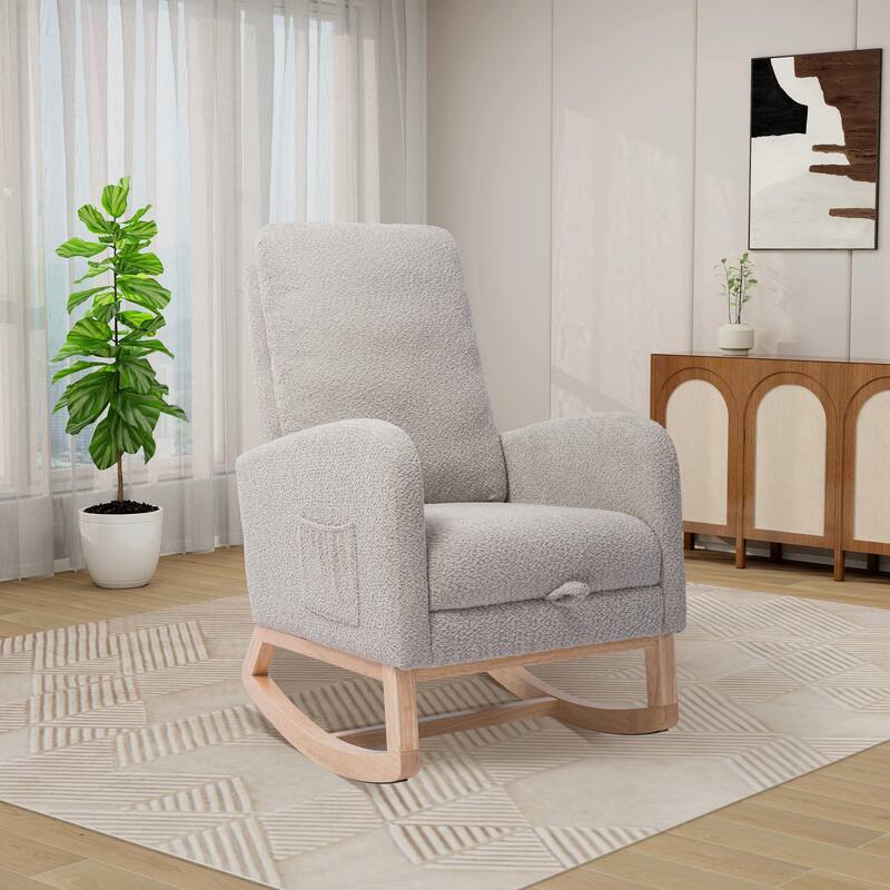 Nursery Rocking Chair, High Back Glider with Retractable Footrest, Side Pocket, Rubberwood Legs for Living Room, Bedroom