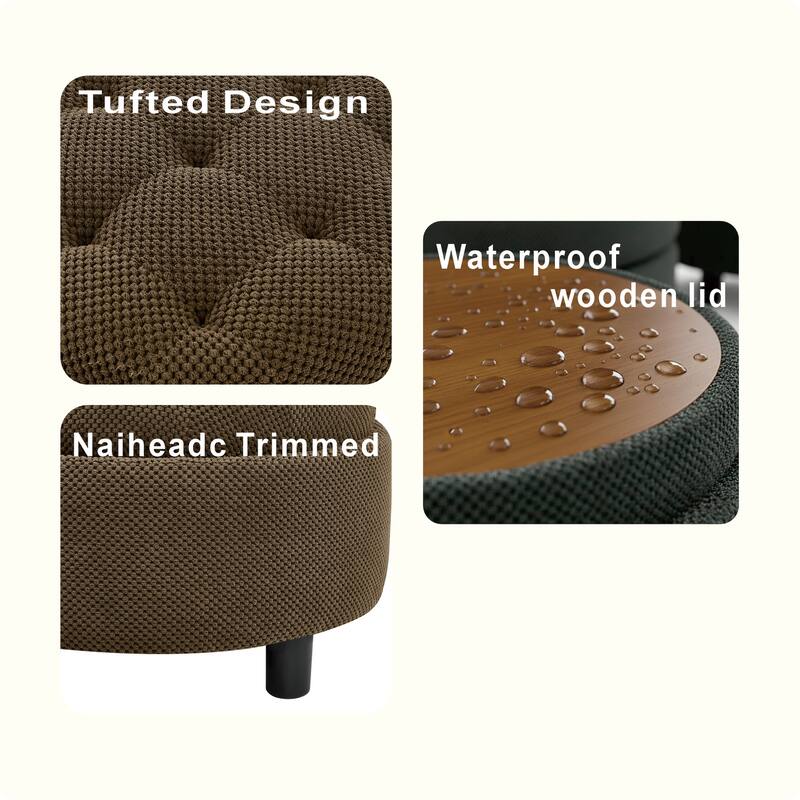 Round Storage Ottoman with Lift-Off Tray and Upholstered Fabric