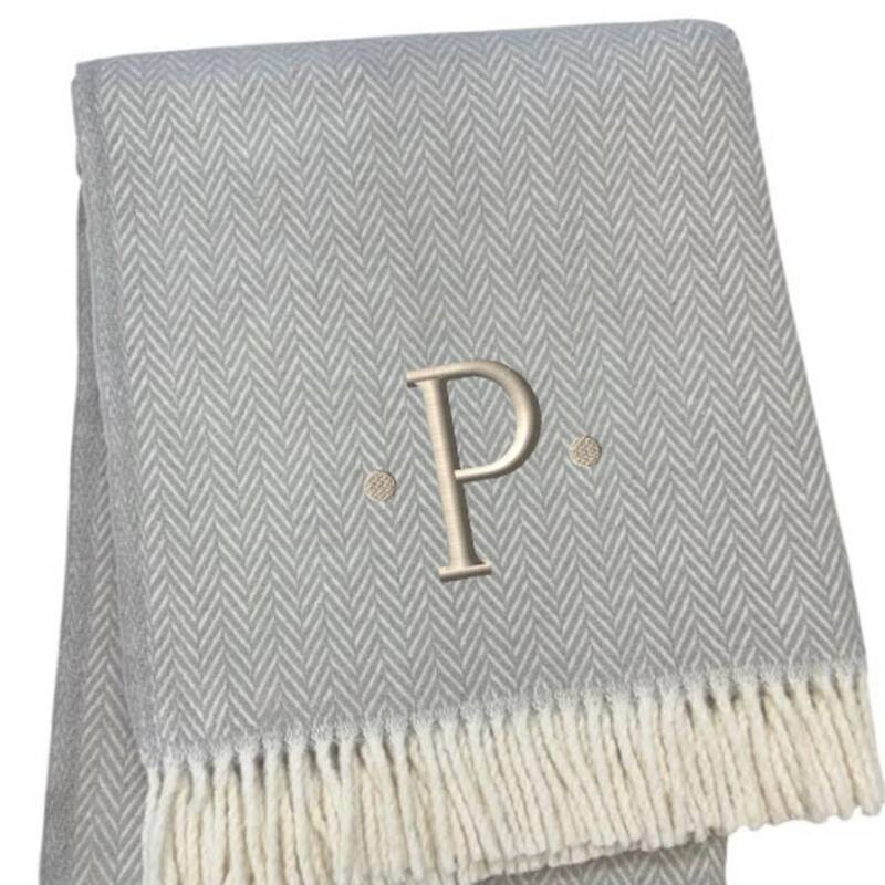 55" X 70" Gray And White Herringbone Cotton Blend A Initial Throw Blanket with Tassels And Embroidery