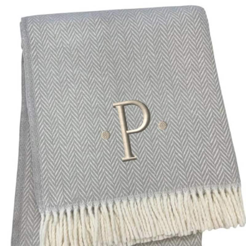 HomeRoots 55" X 70" Gray And White Herringbone Cotton Blend P Initial Throw Blanket with Tassels And Embroidery