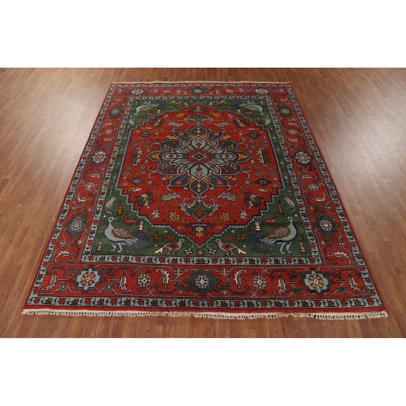 Animals Design Heriz Serapi Indian Area Rug Handmade Wool Carpet - 7'11" x 9'11"
