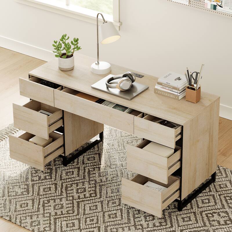 WAMPAT 59in Modern Executive Desk with Charging Station & Drawers and 2 PCS 72in Tall Bookcases with Storage Cabinet.