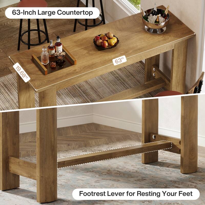 63 Inch Long Bar Table, Rectangular Counter Height Pub Dining Table with Footrest - 19.69" D x 63" W x 35.43" H