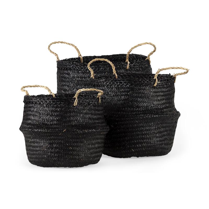 Ella 9.8L x 9.8W x 11.0H (Set of 3) Black Seagrass Basket W/ Light Brown Handles - Black