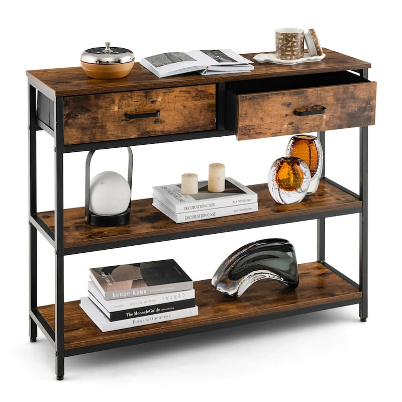 Costway Console Entryway Table Sofa Side Table with Folding Fabric - Rustic Brown
