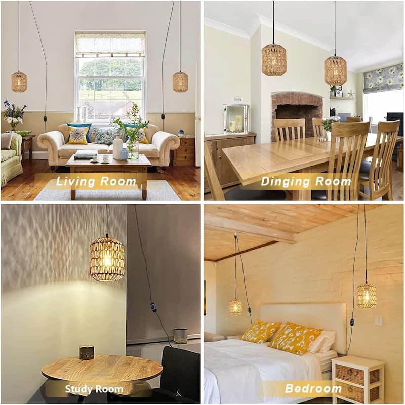 Hand-Woven Rattan Pendant Light - Includes Dimmable LED Bulb, 16ft Cord