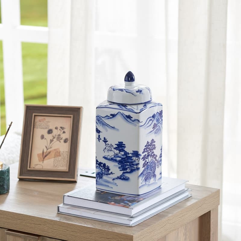 9.44" Blue & White Ceramic Ginger Jar with Lid