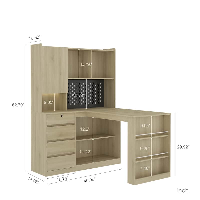 L Shaped Desk with Charger, Computer Desk with Drawers,Bookshelf,with LED Light, L-Shaped Study Table Writing Desk