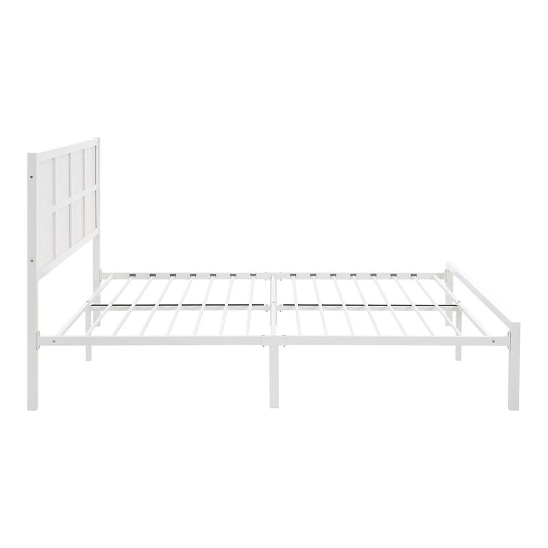 White Metal Platform Bed with Faux Cane Headboard, Eastern King Size, No Box Spring Needed