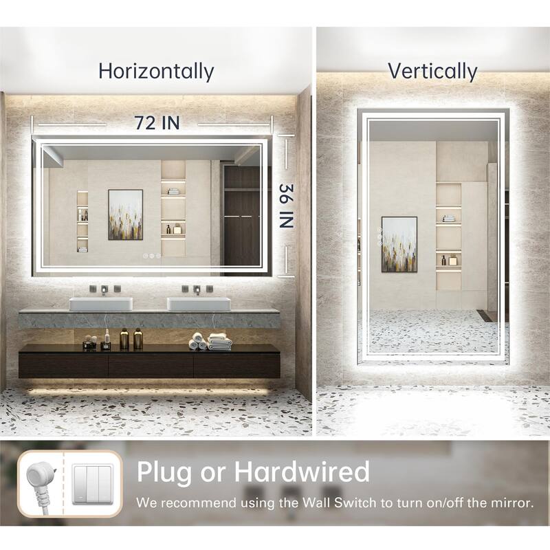 Keonjinn Rectangular Front Light & Backlit,LED Bathroom Vanity Mirror, 3 Color Temperatures, Anti Fog