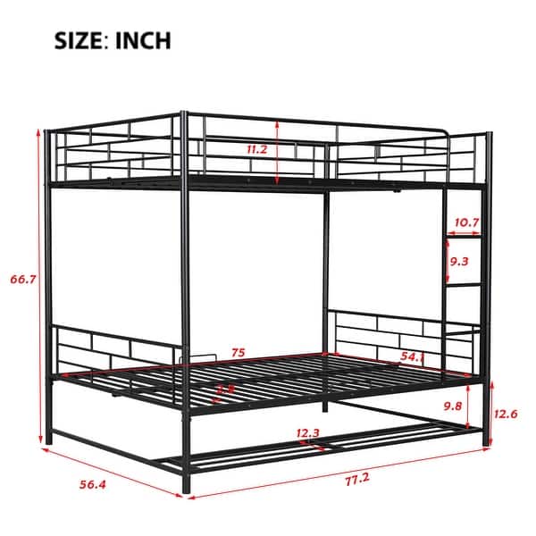 dimension image slide 1 of 2, Full Over Full Metal Bunk Bed Frame with Shelf and Guardrails