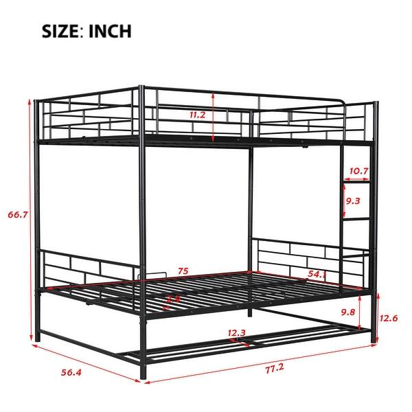 dimension image slide 1 of 2, Full Over Full Metal Bunk Bed with Shelf & Guardrails - Sleek and Functional