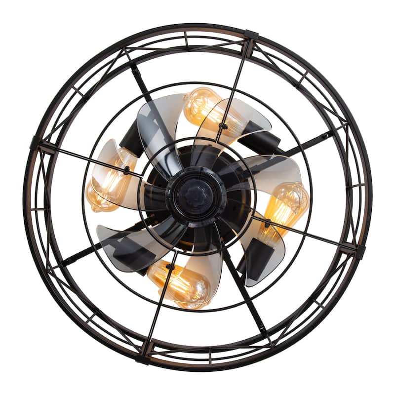 20" 7-Blade Matte Black Flush Mount Caged Ceiling Fan with Light and Remote