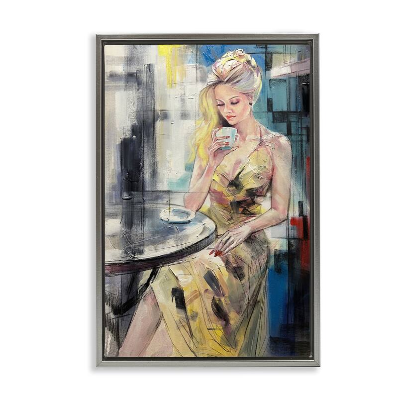 Stupell Elegant Woman at Cafe Framed Floater Canvas Wall Art Design By Lucille Lee - 17 x 25 - Grey