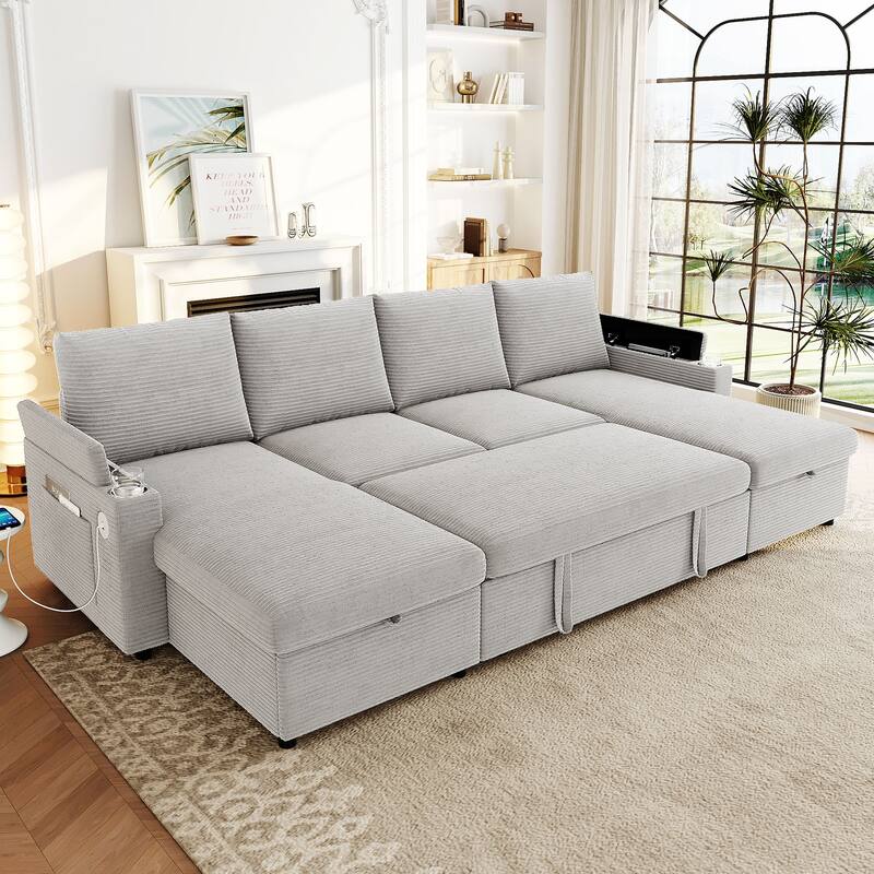 Roomfitters Convertible Sofa Bed 109.5" U-Shaped Sectional Upholstered Sofa with Storage Chaise, Cup Holders and USB Ports - Grey