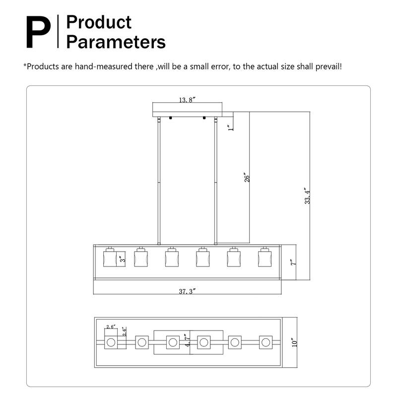 Industrial 6-Light Crystal Farmhouse Chandelier Linear Rectangular Pendant Cage Light, for Dining Room, Kitchen Island, Bar