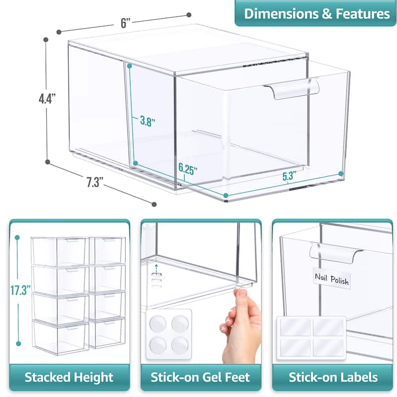Makeup Organizer Drawers (8 Drawer Set) - Clear - 7.4in x 6in x 4.4in