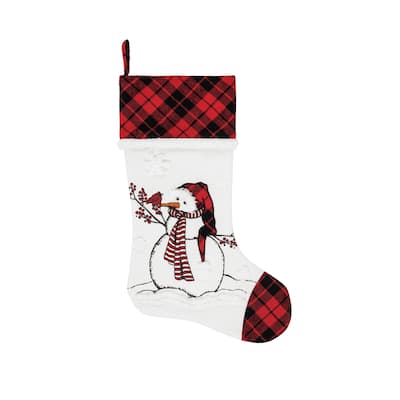 Snowman Holding Red Cardinal with Red Berries Embroidered Christmas Stocking, 20.0 in.